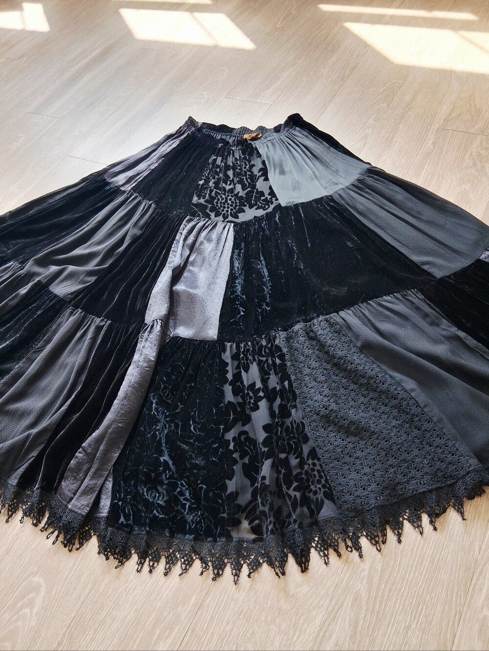 Double D Ranch Tiered Patchwork Maxi Skirt Velvet Burnout Crochet Lace Silk - Picture 5 of 15